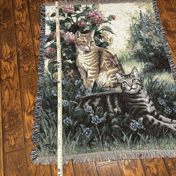Vintage 1996 Large Cat Kittens Linda Pickens Flowers Tapestry Throw Blanket - Picture 2 of 5